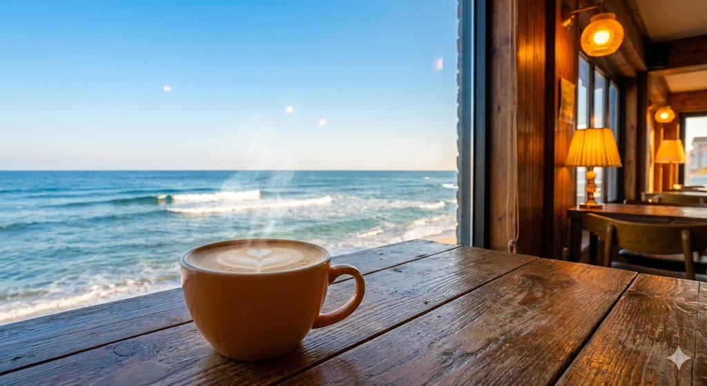 강릉 안목 커피거리에서 바다 위 커피 한 잔의 여유, 동해 바다 뷰