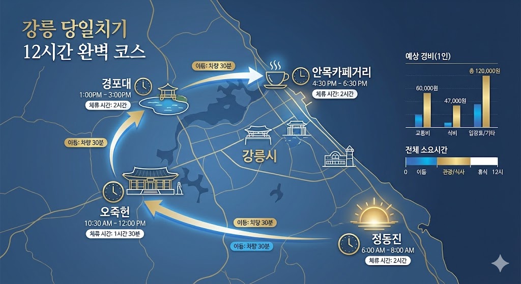 강릉 당일치기 여행 코스 지도, 시간별 일정 및 이동 동선 정보