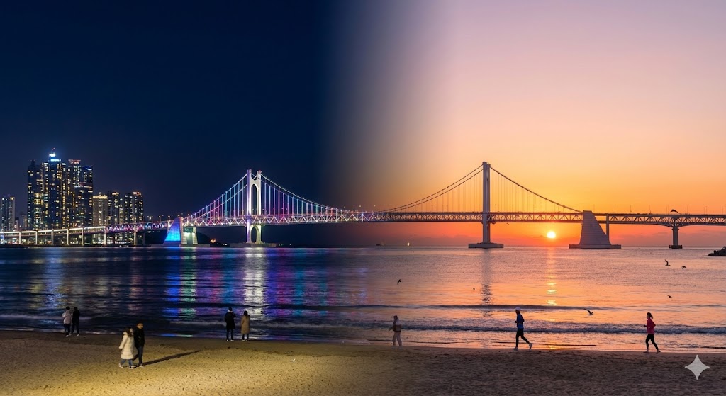 부산 광안리해변의 광안대교 야경과 일출 풍경