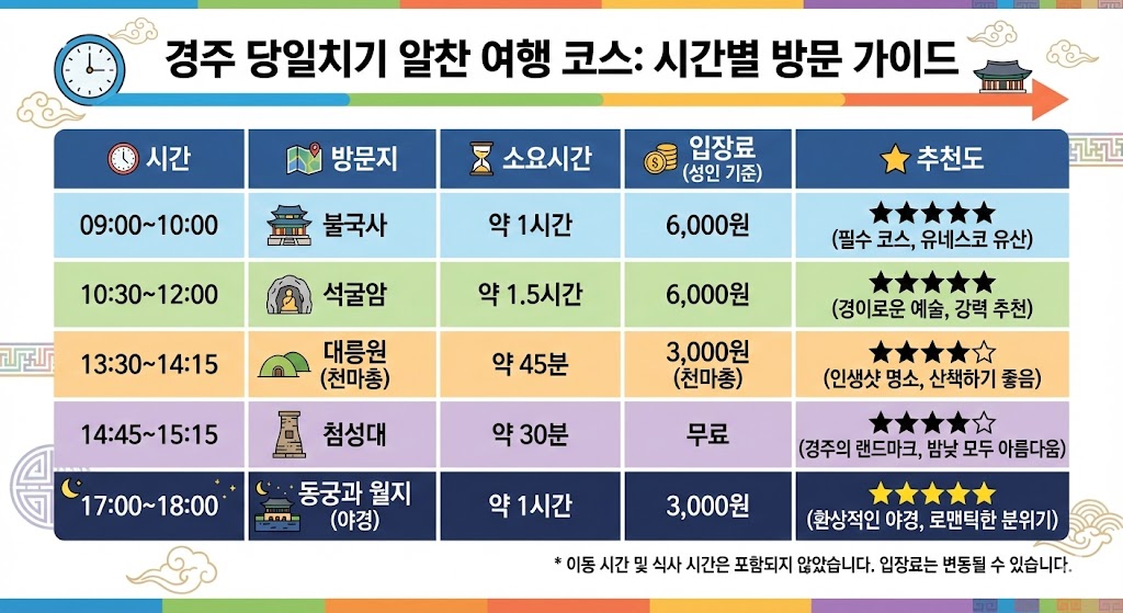 경주당일치기 코스 정리 – 방문지별 소요시간·입장료·추천도 비교표
