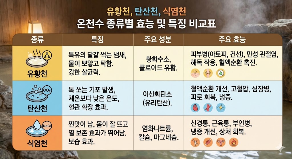 유황천 탄산천 식염천 온천수 종류별 효능 특징 비교표