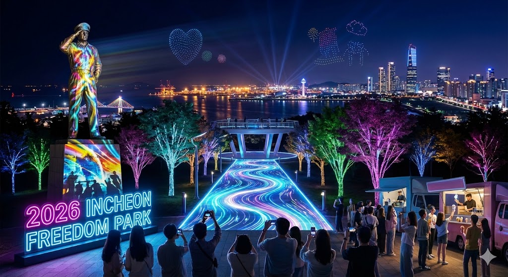 인천 자유공원의 2026년 새로운 야경 조명과 야간 명소 풍경
