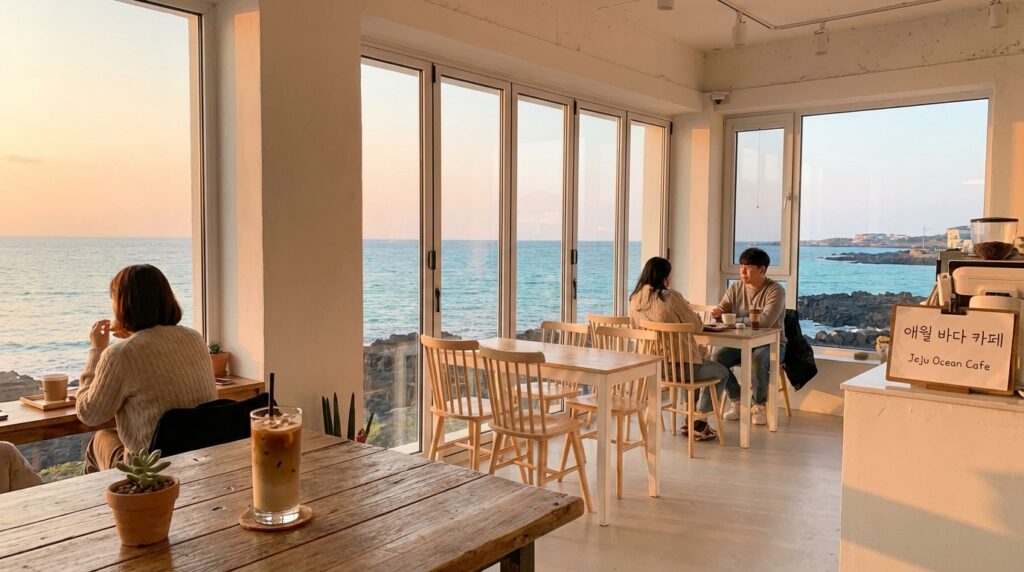 바다 전망의 카페에서 일몰
