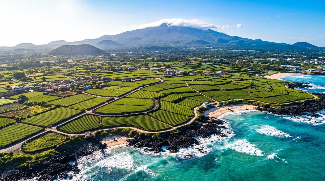 한라산과 바다의 아름다운 풍경