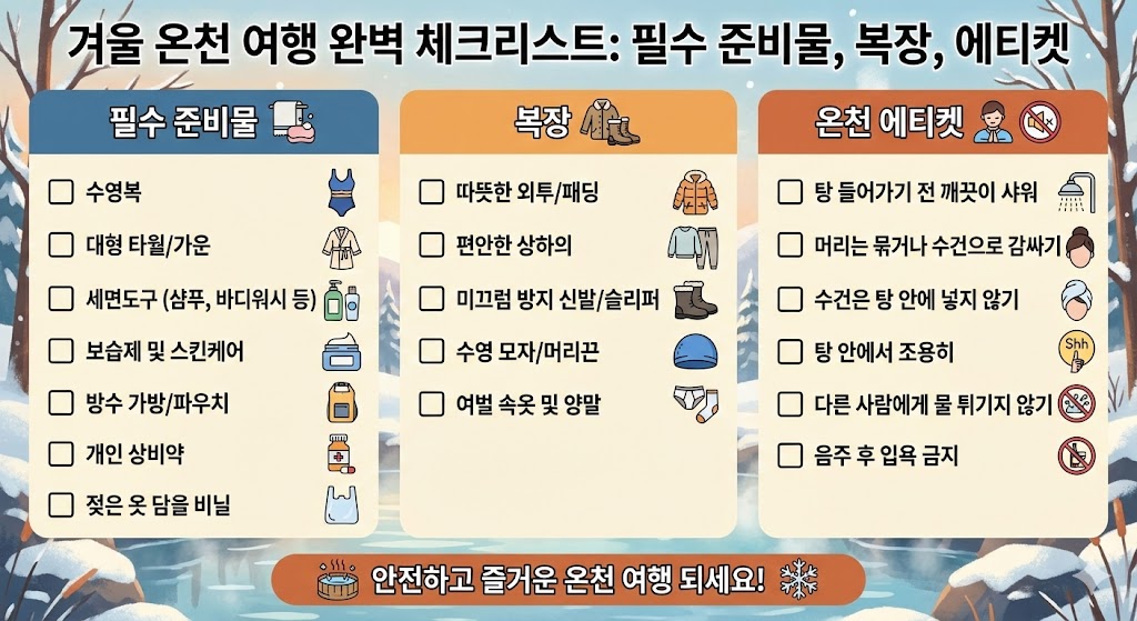 겨울 온천 여행 필수 준비물 복장 에티켓 완벽 체크리스트