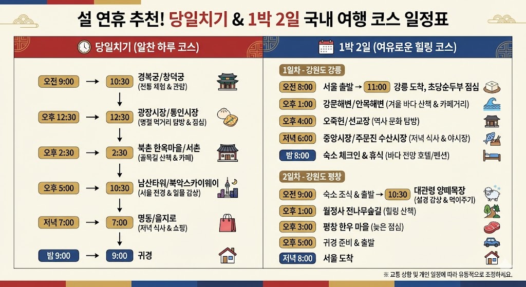 설 연휴 당일치기·1박2일 국내 여행 코스별 추천 일정표