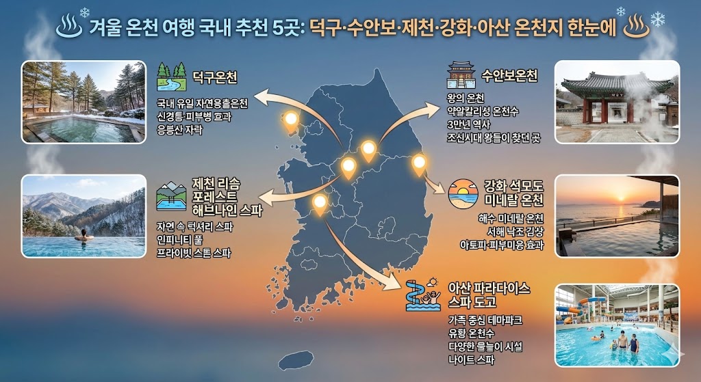 겨울 온천 여행 국내 BEST 5 완벽 가이드 | 온천수 종류별 효능 + 당일/1박 코스