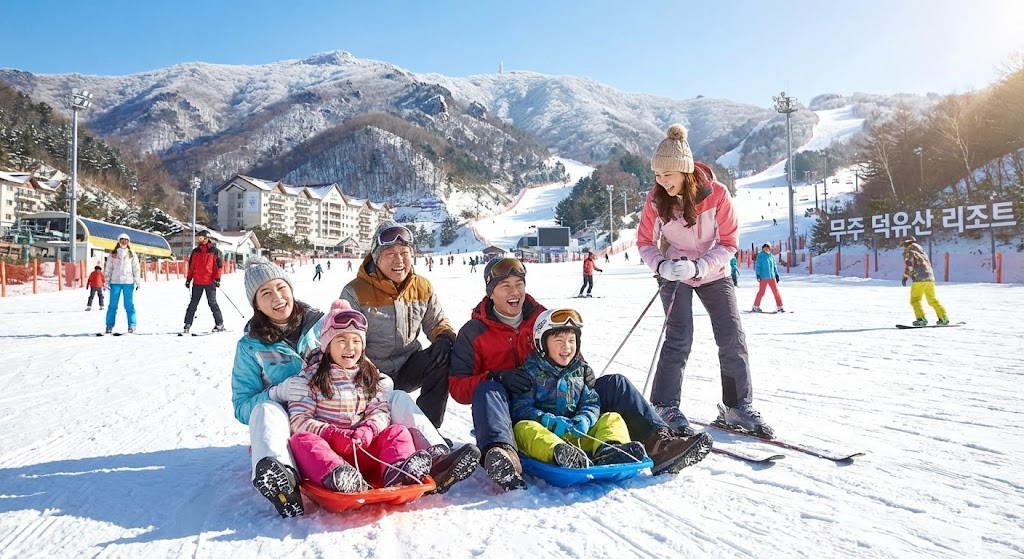 무주 덕유산 스키장과 눈썰매 겨울 액티비티 가족 여행객들