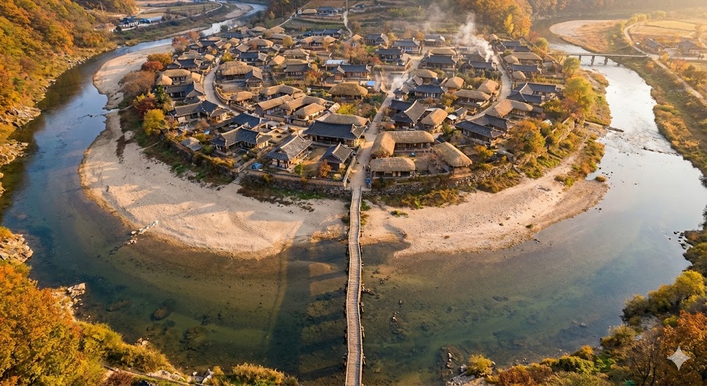 영주 무섬마을의 전통 한옥들이 내성천을 따라 어우러진 모습