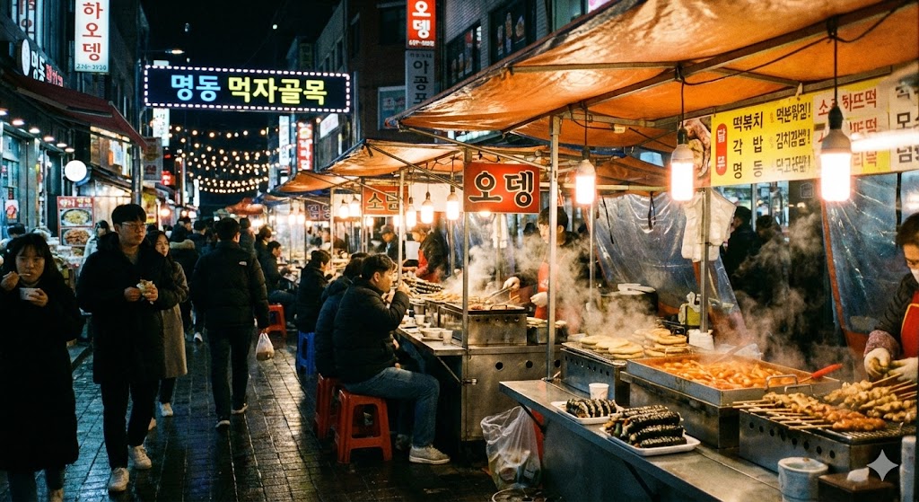 서울 명동 먹자골목의 포장마차와 노점상들이 가득한 길거리 야경