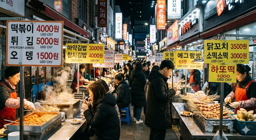명동 먹자골목의 다양한 길거리 음식과 가격표가 표시된 메뉴판
