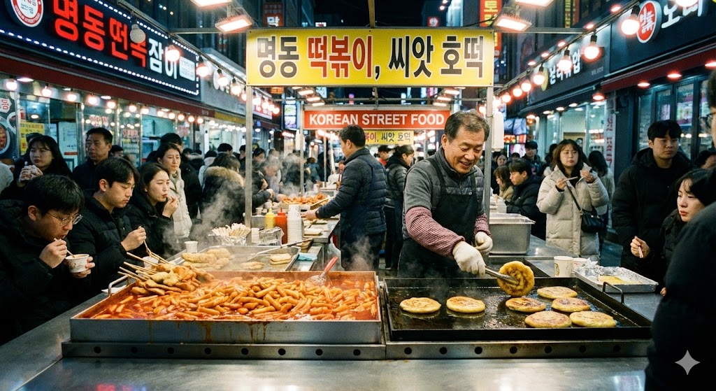 명동 먹자골목의 대표 음식인 떡볶이와 호떡을 파는 노점상