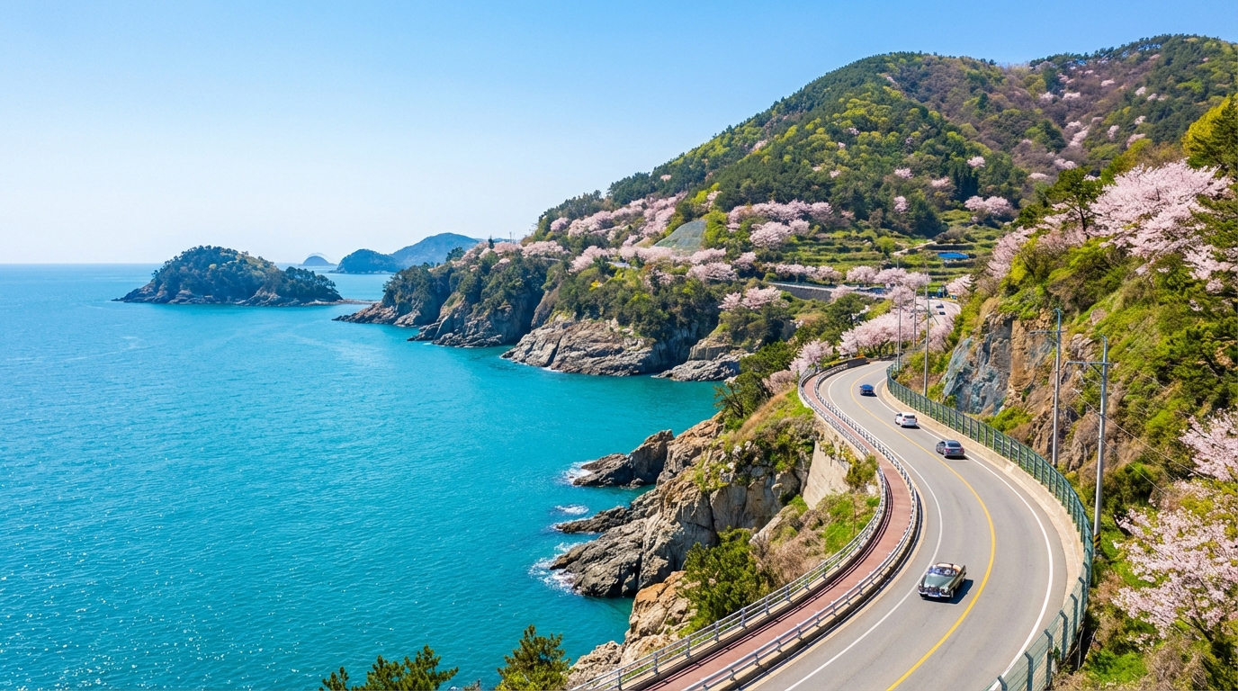 남해안 해안도로 드라이브 푸른 바다와 구불구불한 도로 풍경