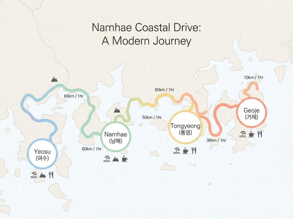 남해안 드라이브 코스 여수 남해 통영 거제 여행 동선 지도 인포그래픽