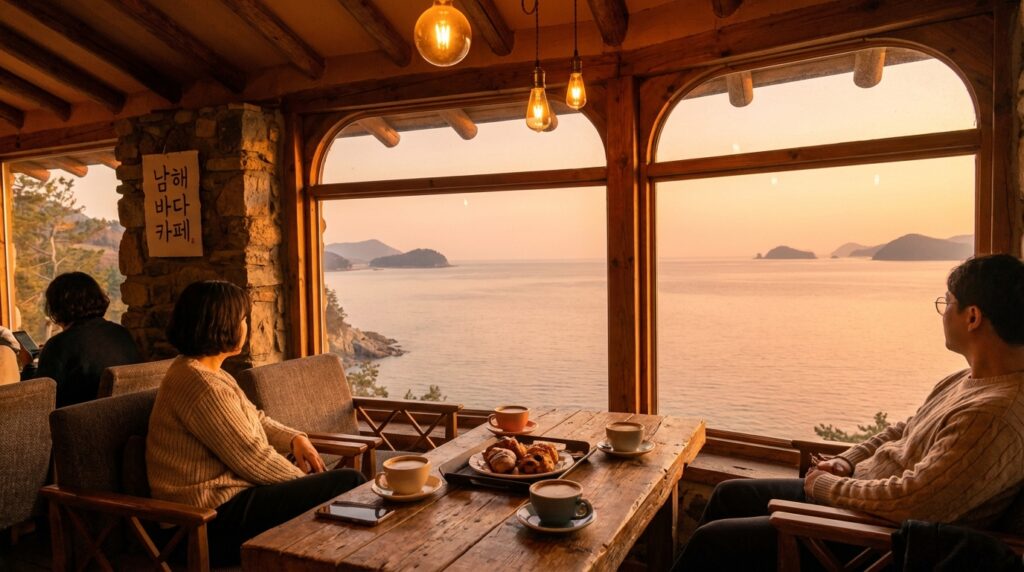 남해안 오션뷰 카페에서 바라본 석양과 바다 전망