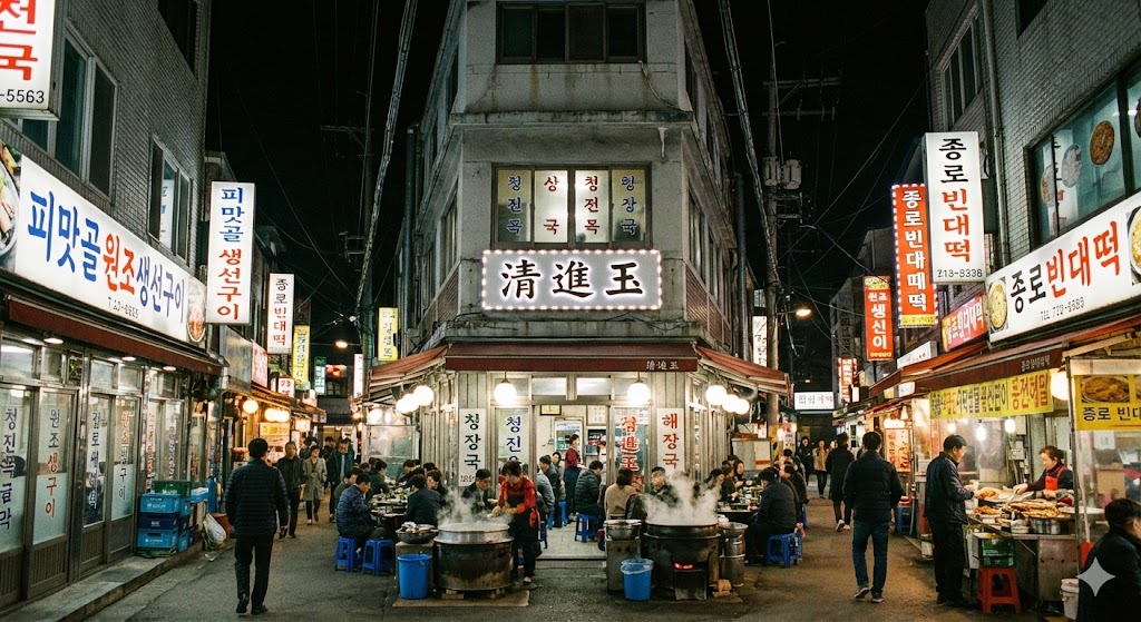종로 피맛골 전통 한식당 청진옥과 주변 맛집들의 저층 영업 모습