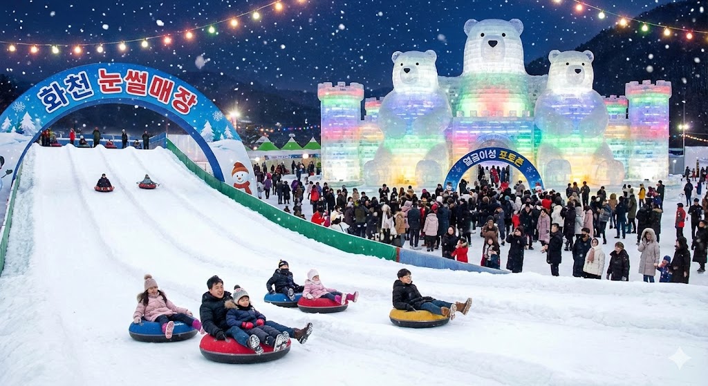 화천 산천어축제 눈썰매장과 대규모 얼음조각 얼곰이성 포토존