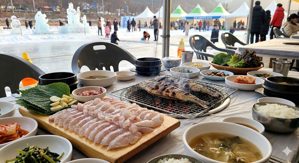 산천어축제에서 즐기는 신선한 산천어 회 구이 정식 현지 음식