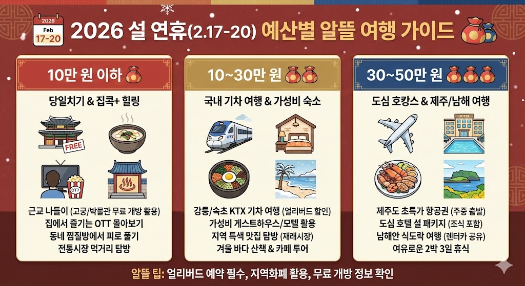 2026년 설 연휴 예산별 알뜰 여행 계획 가이드 인포그래픽