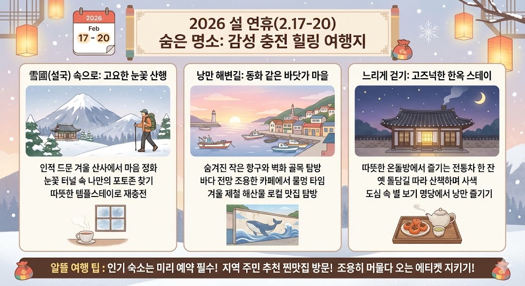 2026년 설 연휴 숨은 명소 추천 인포그래픽 - 덜 알려진 감성 여행지