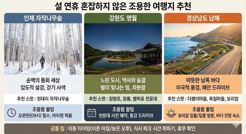 설 연휴 혼잡하지 않은 조용한 여행지 - 인제 자작나무숲, 영월, 남해 추천