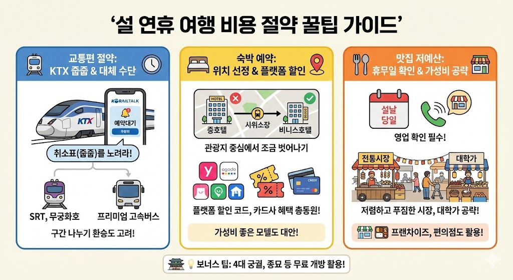 설 연휴 여행 비용 절약 팁 - KTX 할인 예약, 숙박 예약 전략, 맛집 저예산 가이드