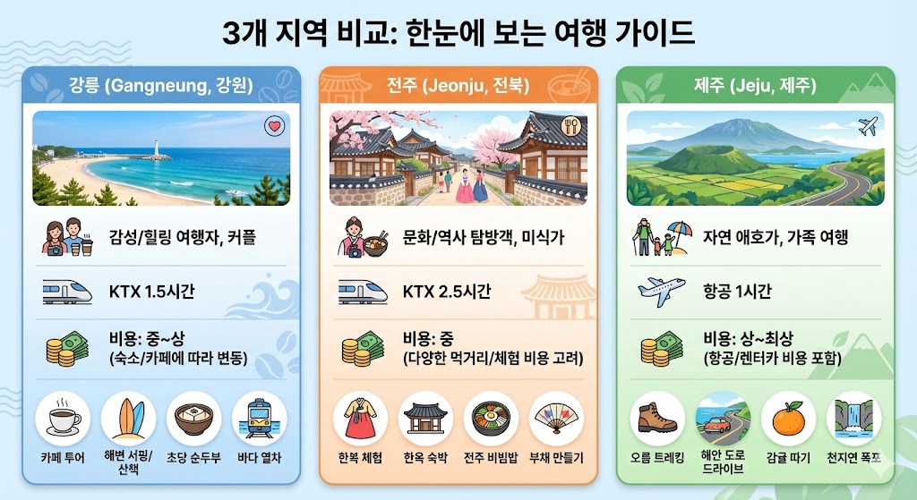 설 연휴 여행 3곳 비교 – 강릉·전주·제주 지역별 특징·비용·소요시간