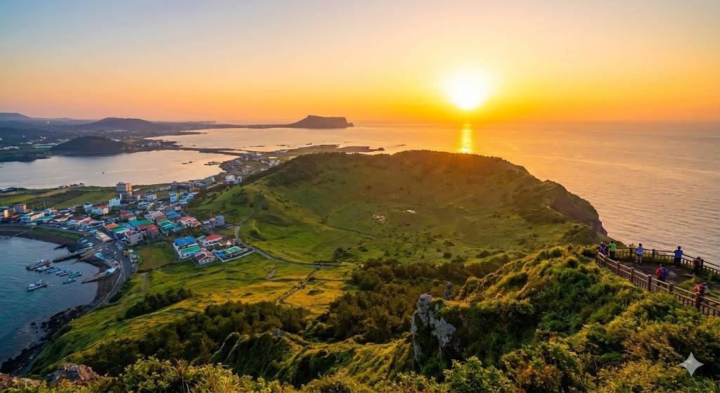 제주 성산일출봉 정상에서 바라본 제주 동쪽 바다와 마을 풍경