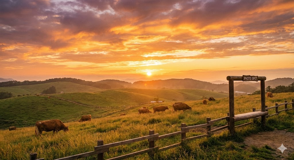 서산 한우목장 포토존에서 촬영한 황금빛 노을과 초원의 감성적인 풍경