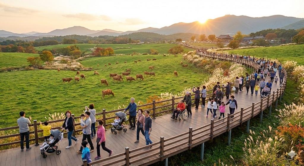 서산 한우목장 2.1km 무장애 데크길을 걷는 방문객들과 초원 풍경