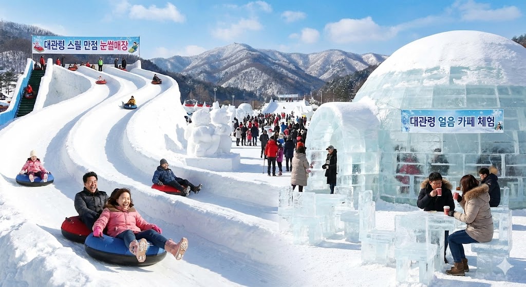 대관령 눈꽃축제 스릴 넘치는 눈썰매장과 얼음으로 만든 카페 체험