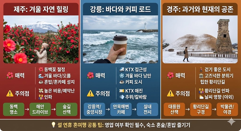 설 연휴 혼자 여행하기 좋은 여행지 추천 - 제주, 강릉, 경주