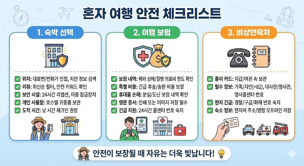 혼자 여행할 때 안전 체크리스트 - 숙박 선택, 여행 보험, 비상연락처