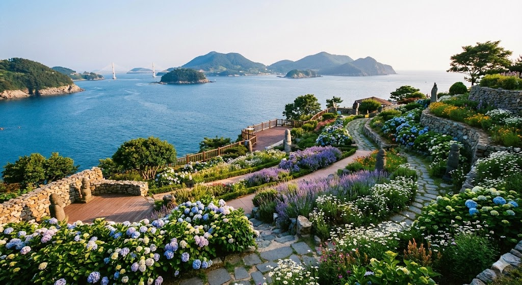 고흥 쑥섬 해상정원에서 바라본 바다 경치와 조성된 정원의 아름다운 모습