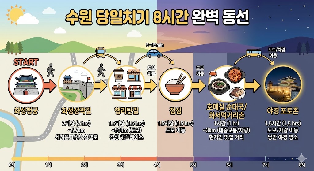 수원 당일치기 8시간 여행 동선 지도, 화성행궁부터 야경 포토존까지의 여행 경로