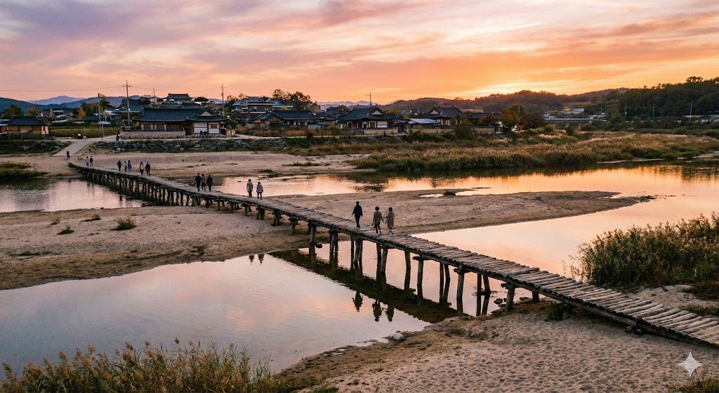 경북 영주 무섬마을의 150m 길이 외나무다리와 내성천 풍경
