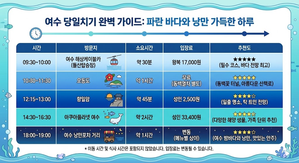 여수당일치기 코스 정리 – 방문지별 소요시간·입장료·추천도 비교표