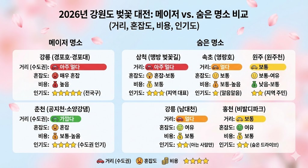 2026년 4월 당일여행 명소 비교 – 강릉·춘천 vs 여주·가평·대부도·용인·담양 거리 혼잡도 비용 분석