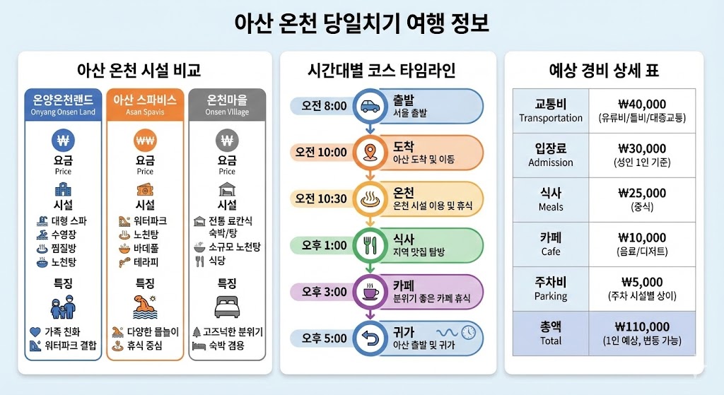 아산 온천 당일치기 정보 비교 - 온천 시설 3곳 비교, 시간대별 코스, 예상 경비 상세 내역 인포그래픽