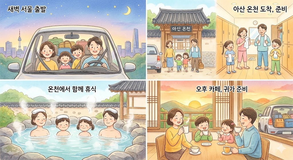 아산 온천 당일치기 당일 코스 경험 - 아침 서울 출발 → 아산 도착 후 입욕 → 온천에서의 휴식 → 오후 카페에서의 휴식까지의 여정