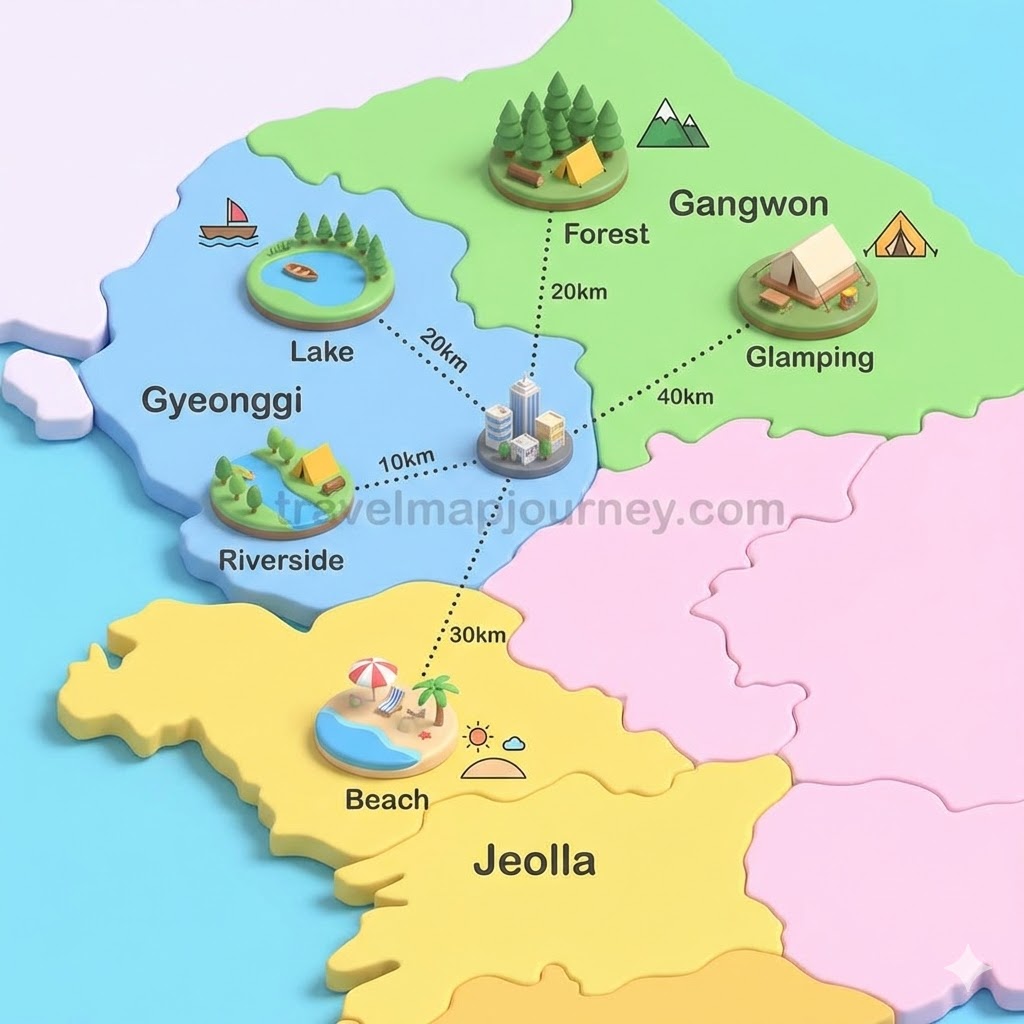 국내 캠핑장 BEST 5 위치 지도 – 강원·경기·전라 지역별 캠핑지 위치 및 거리 안내