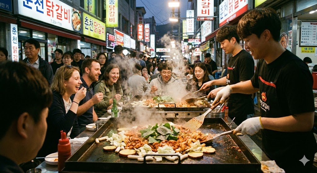 춘천 명동 닭갈비 골목에서 철판 위의 양념 닭갈비와 채소가 조리되는 모습