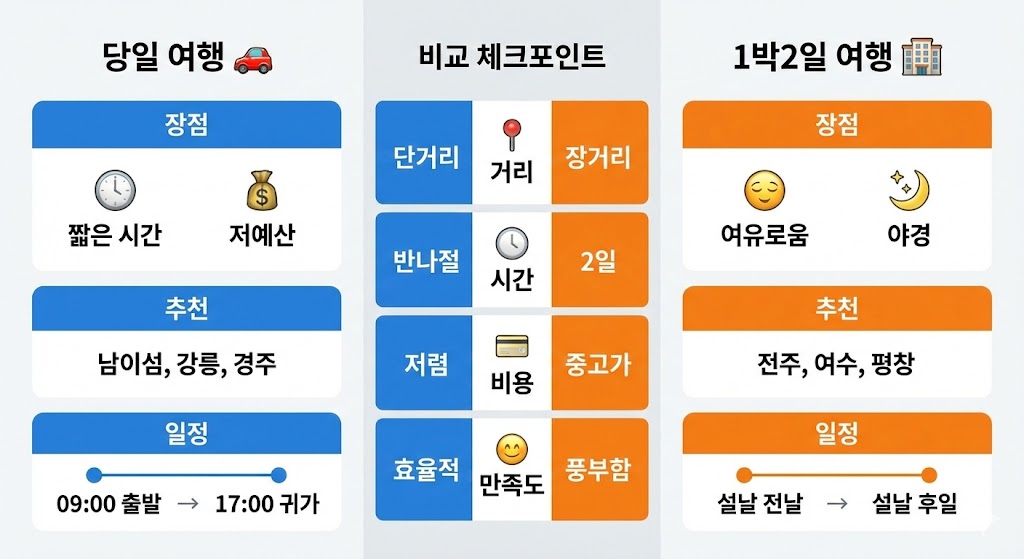 설날 여행 당일 vs 1박2일 비교 - 거리, 시간, 비용, 추천 축제별 가이드