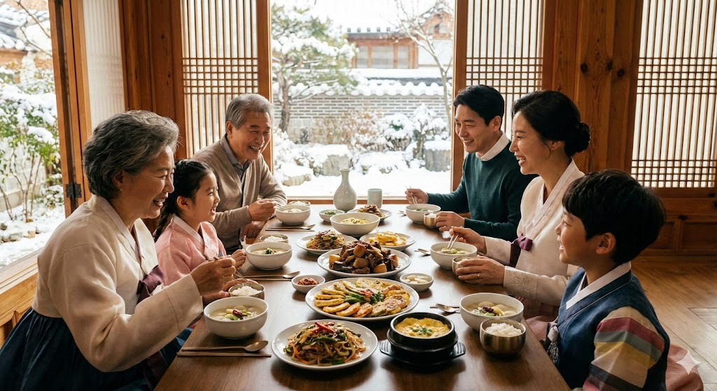 설 연휴 여행지의 추천 맛집에서 가족이 함께 식사하는 모습