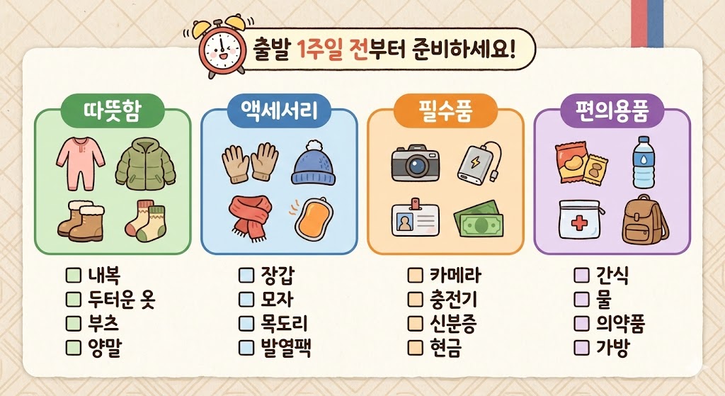 설날 축제 여행 필수 준비물 체크리스트 - 따뜻함, 액세서리, 필수품, 편의용품 분류