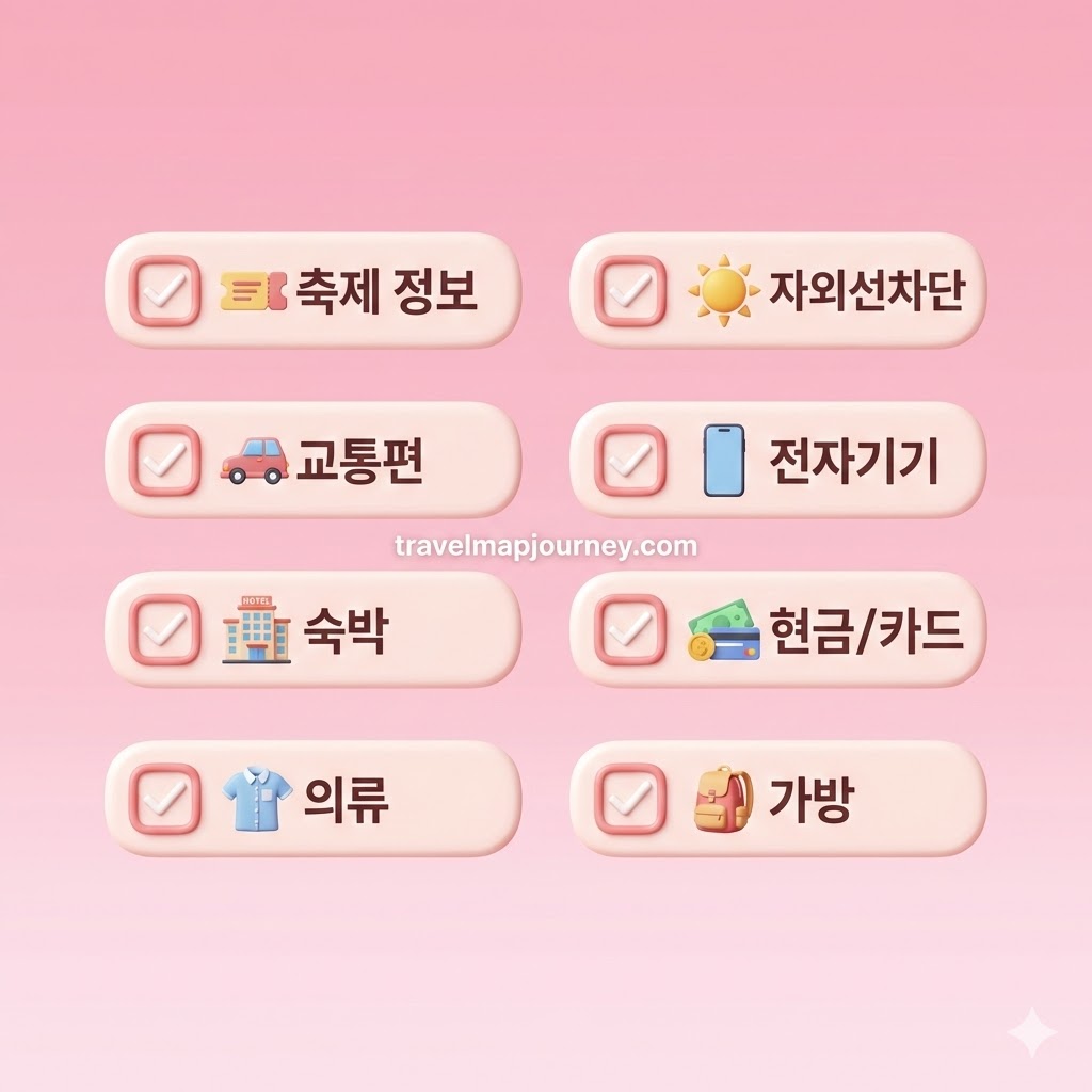 3월 축제 방문 준비물 체크리스트: 축제 정보, 교통편, 숙박, 의류, 자외선차단, 전자기기, 현금/카드, 가방 8가지 필수 준비물 이미지