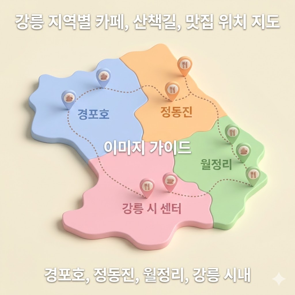 강릉 지역별 카페, 산책길, 맛집 위치 지도: 경포호, 정동진, 월정리, 강릉 시내