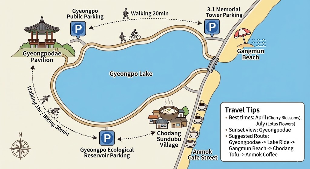 강릉 경포호 벚꽃축제 일대 여행 지도 및 주변 명소