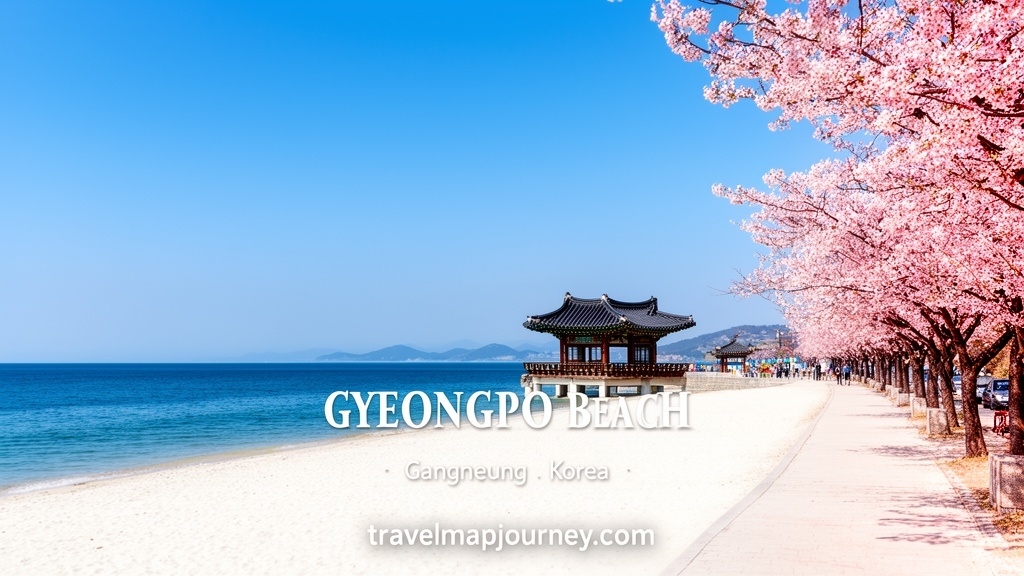 경포해변의 아름다운 해변 풍경과 경포대 정자의 봄 경관