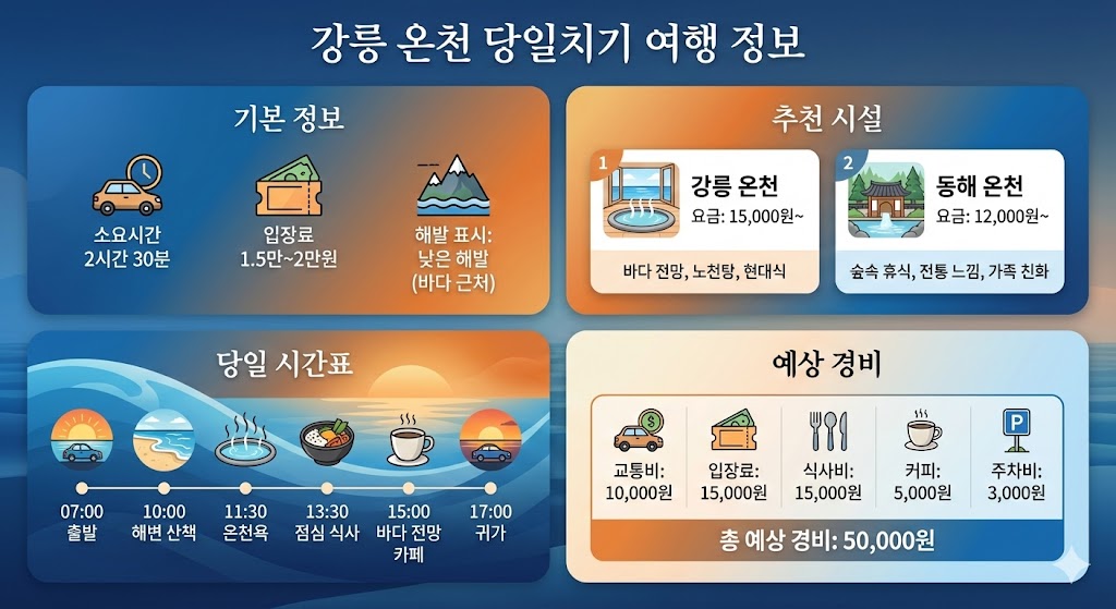 강릉 온천 당일치기 정보 비교 - 소요시간, 요금, 추천 시설, 당일 시간표, 예상 경비 상세 내역 인포그래픽